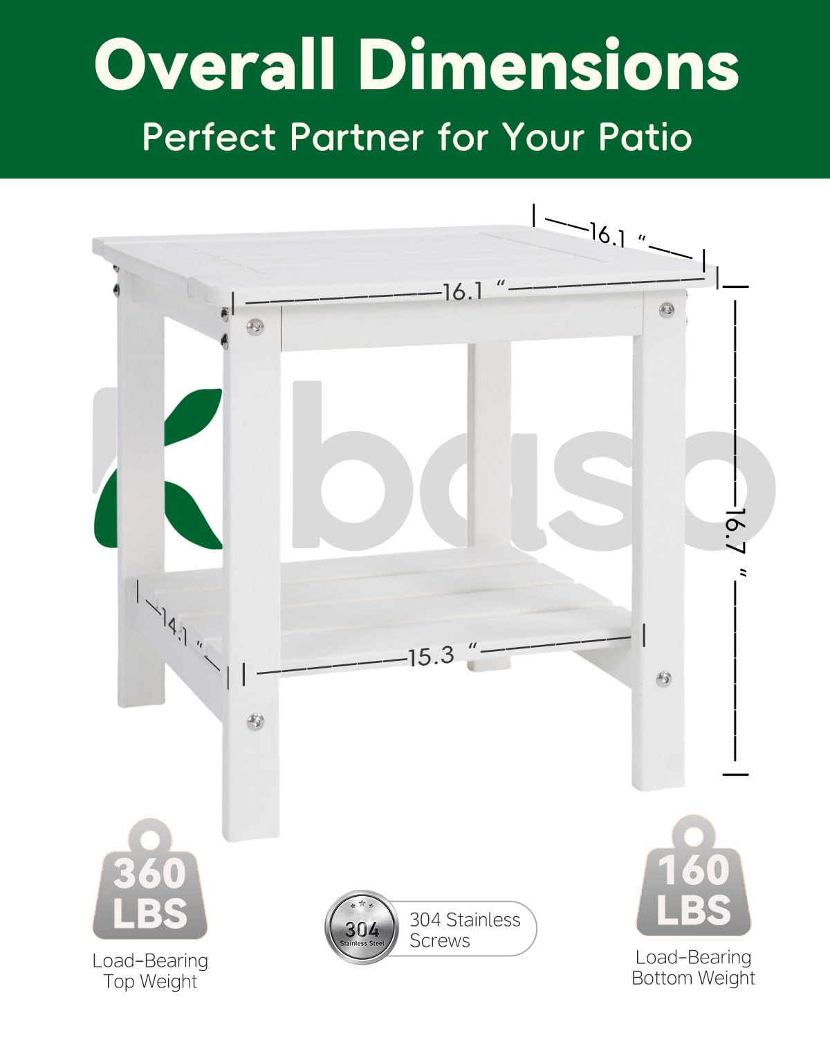 Kibaso-Adirondack Outdoor Side Table, 2-Tier HDPE Outdoor End Table, Weather Resistant Easy Maintenance, Small Patio Side Table for Patio, Pool, Porch, Garden, Lawn, and Living Room (1, White)