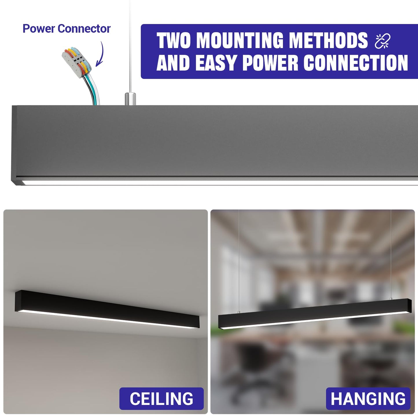 JTT 4FT LED Linear Light,50W/40W/30W Linkable Office Light Fixture,3000K-5000K Selectable,0-10V Dimmable Architectural LED Suspension Ceiling Hanging for Shop Basement Light Dining Gym Room, 4 Packs