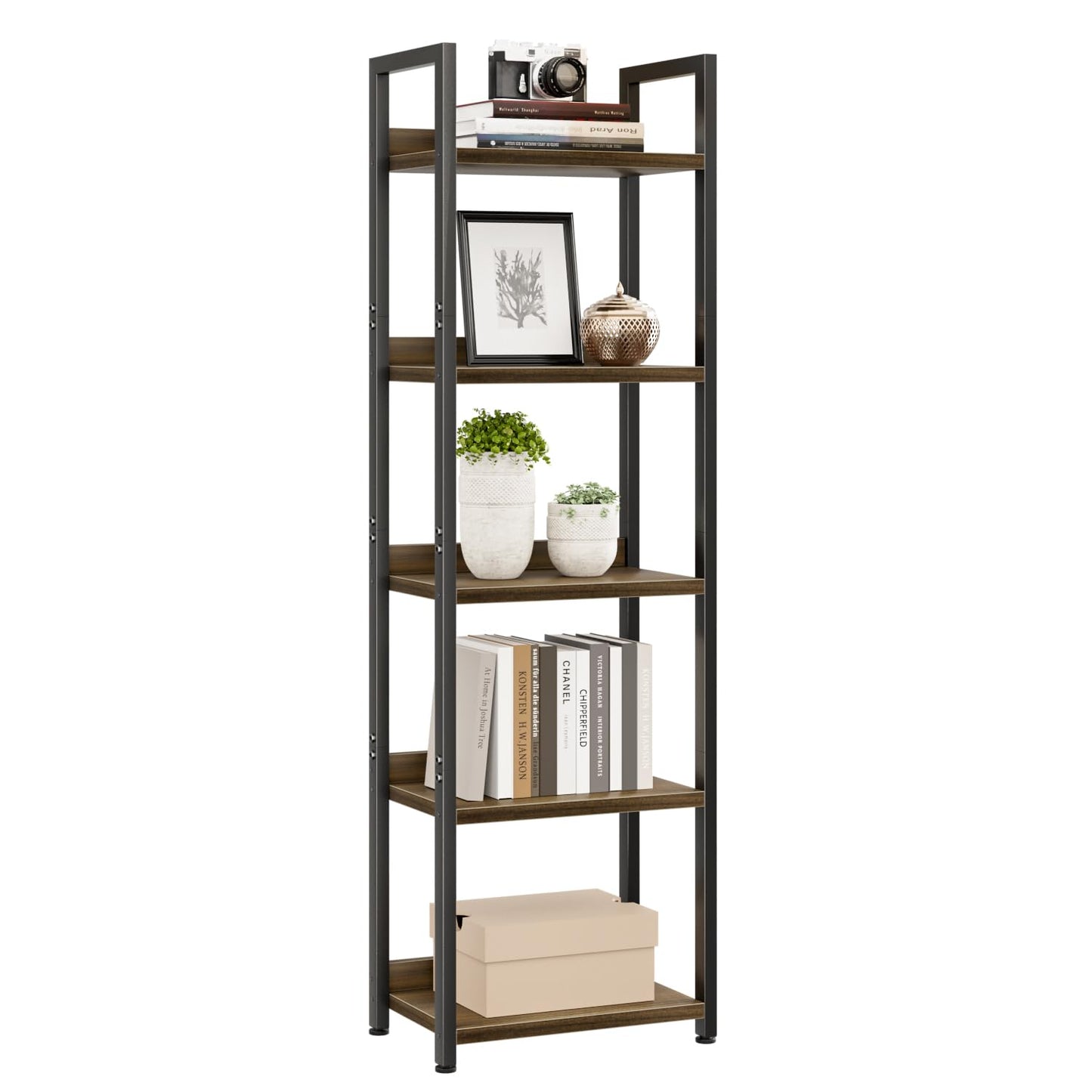 NUMENN Narrow Bookshelf, 5 Tier Bookshelves, Home Office Bookcase Shelf Storage Organizer, Free Standing Storage Shelving Unit for Bedroom, Living Room and Home Office, Dark Walnut