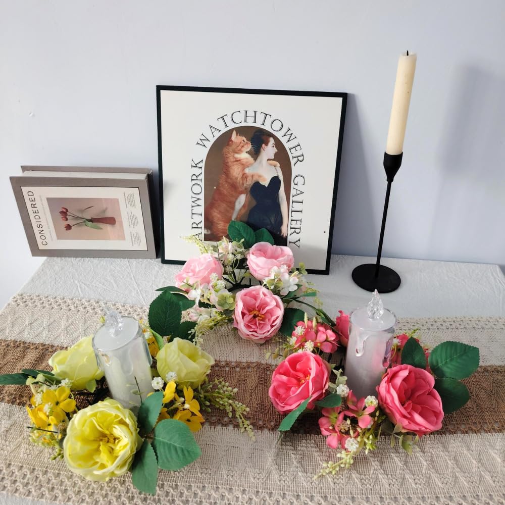 Set of 4 Artificial Rose Daisy Flowers Candle Rings Wreaths 3 Inch Center Green Eucalyptus 8" Floral Small Wreath for Pillars Spring Easter Wedding Party Home All Season Decor (Pink C)