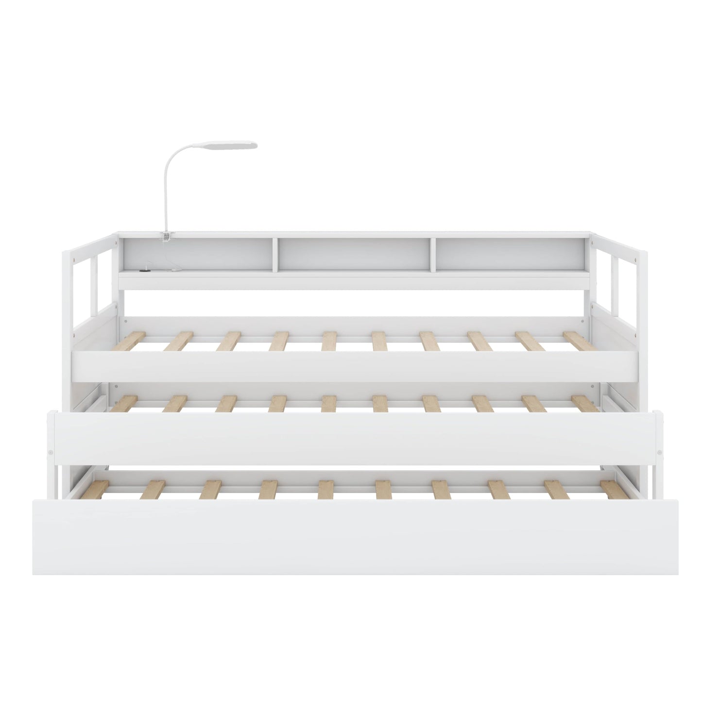 YunNianYang Twin XL Wood Daybed with 2 Trundles, 3 Storage Cubbies, 1 Light for Free and USB Charging Design (White)