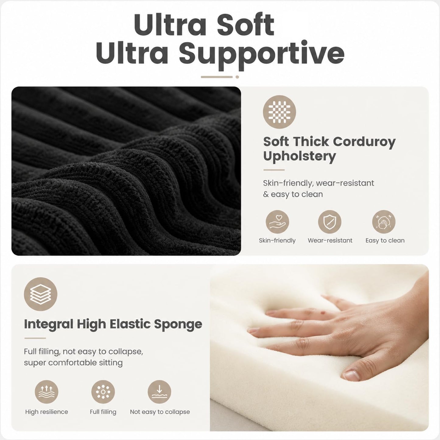 L-Shaped Sectional Sofa Corduroy Couch, All Sponge No Frame No Springs Sofa, Modern Modular Fabric Sofa with Pillows for Living Room Bedroom Apartment (Black（L） Left Module)