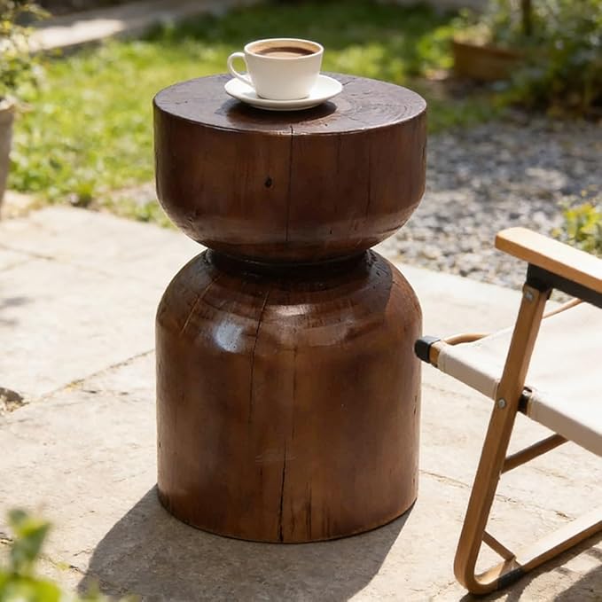 Solid Wood Stool & Sofa Side Table, Rustic Hourglass Wabi-Sabi Accent Coffee