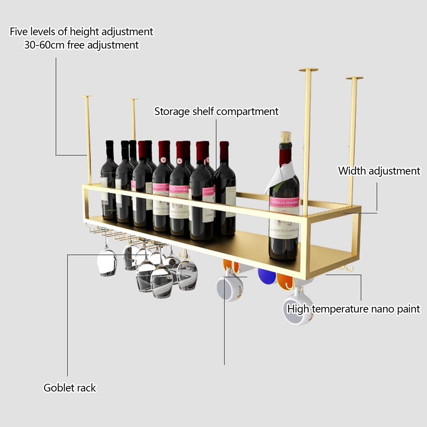 Modern Metal Hanging cafe Wine Bottles Racks, ceiling shelf Wine Racks for Home Bar Display, Floating Storage Shelves Wine Cups Hanging rack, wall mounted Wine Bottle Glass Holder.(Gold,60cm)