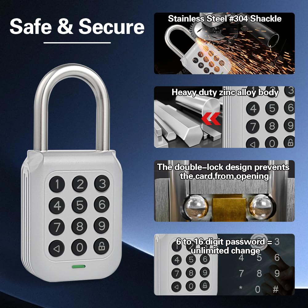 Bouware Smart Padlock Alpha1 Heavy-Duty Electronic Padlock Combination Weatherproof Digital Keypad Number Button Locks with Code, Outdoor/Indoor Use with Upgraded Security Features (Silver)