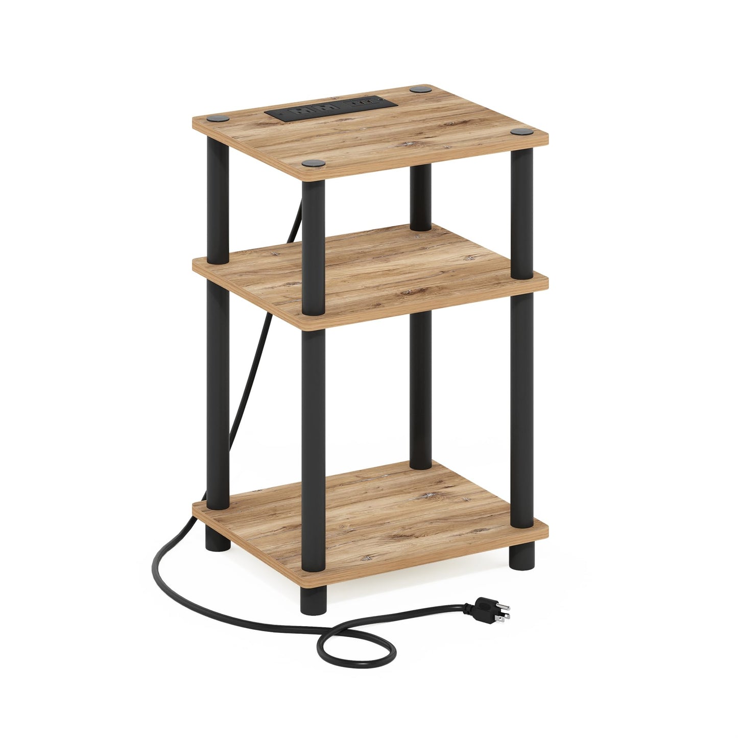 Furinno Just 3-Tier Turn-N-Tube USB and Type-C Charging Port End Table with Open Storage, 11.42 (W) x 8.82 (H) x 6.77 (D) inches, Flagstaff Oak/Black