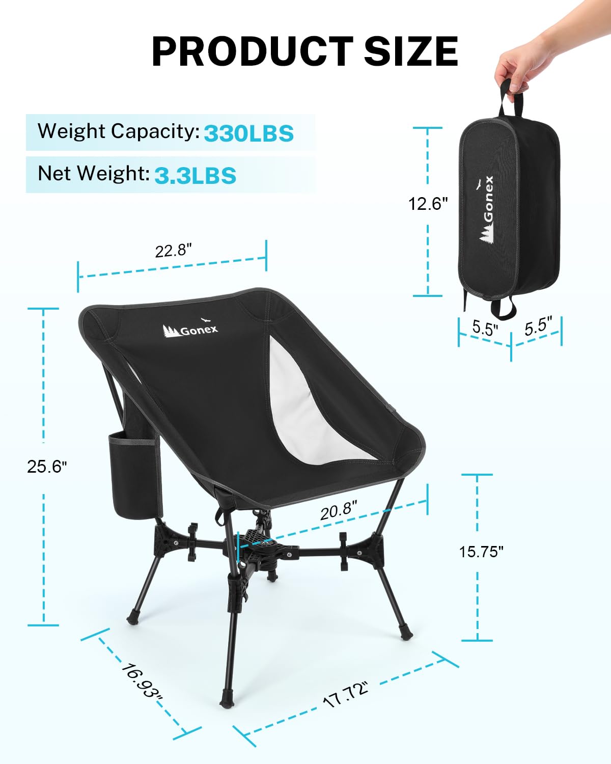 Gonex Portable Camping Chair, The 5th Gen Ultralight Compact Backpacking Foldable Lightweight Folding Chair for Outdoor Camp Hiking Beach Picnic Concert, Supports 330lbs (Black, 1 PCS)