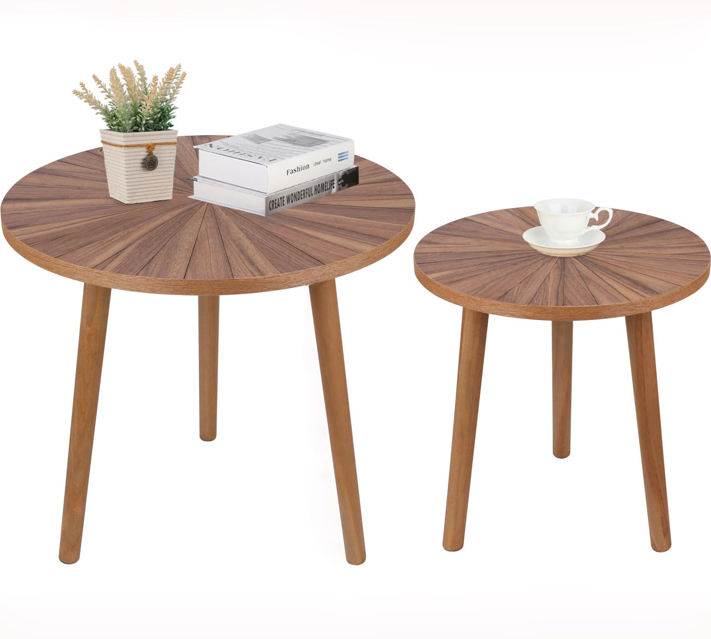 Round Coffee Table Set of 2, Mid Century Modern Coffee Table, Small Farmhouse Coffee Table, Wood Nightstand Bedside Table, Boho Side Table End Tables for Living Room Bedroom Office Balcony