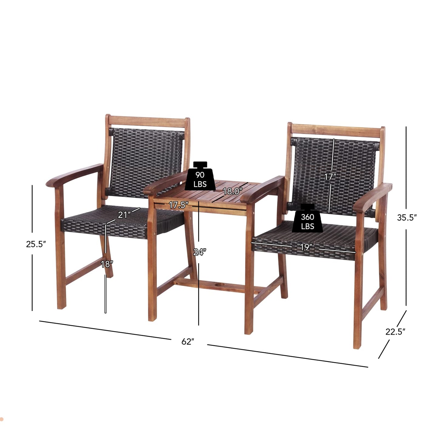 Tangkula Acacia Wood Garden Bench, Patiojoy Rattan Companion Loveseat Chair with Coffee Table and Parasol Hole, 2-Seater Outdoor Conversation Furniture Set for Backyard, Poolside, Balcony (Brown)