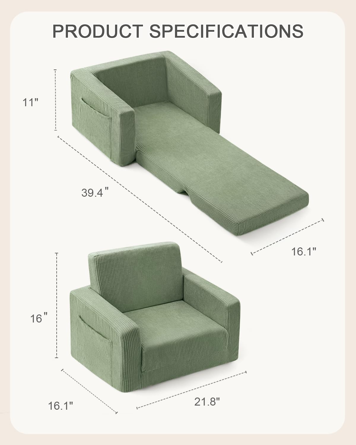 Jouha Kids Chair and Couch, 2-in-1 Fold-Out Kids Sofa, Soft Convertible Seating, Comfy Kids Chair for Boys and Girls,Green