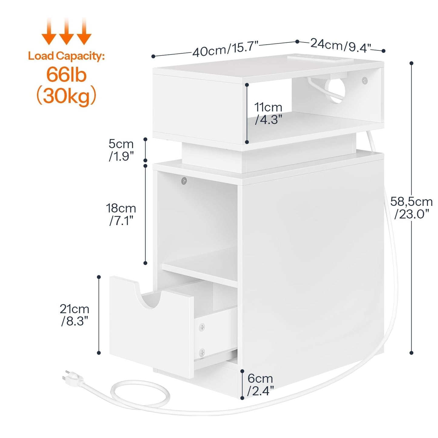 HOOBRO Narrow End Table, Floating Nightstand with LED Light Strip, with Drawer, Slim Bedside Table with Charging Station for Living Room, Bedroom, White WT204UDBZ01