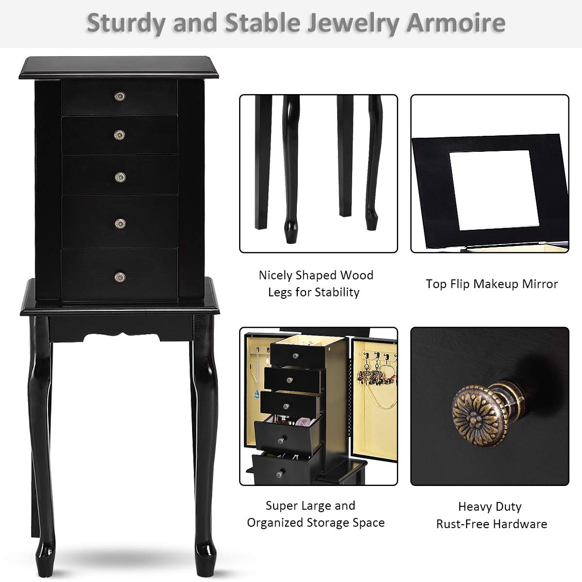 Giantex Jewelry Armoire Cabinet Chest Organizer Box Top with Flip Mirror Standing Space-Saving Bedroom Makeup Accessories Storage Armoires 8 Necklace Hooks, Jewelry Cabinets with 4 Drawers (Black)