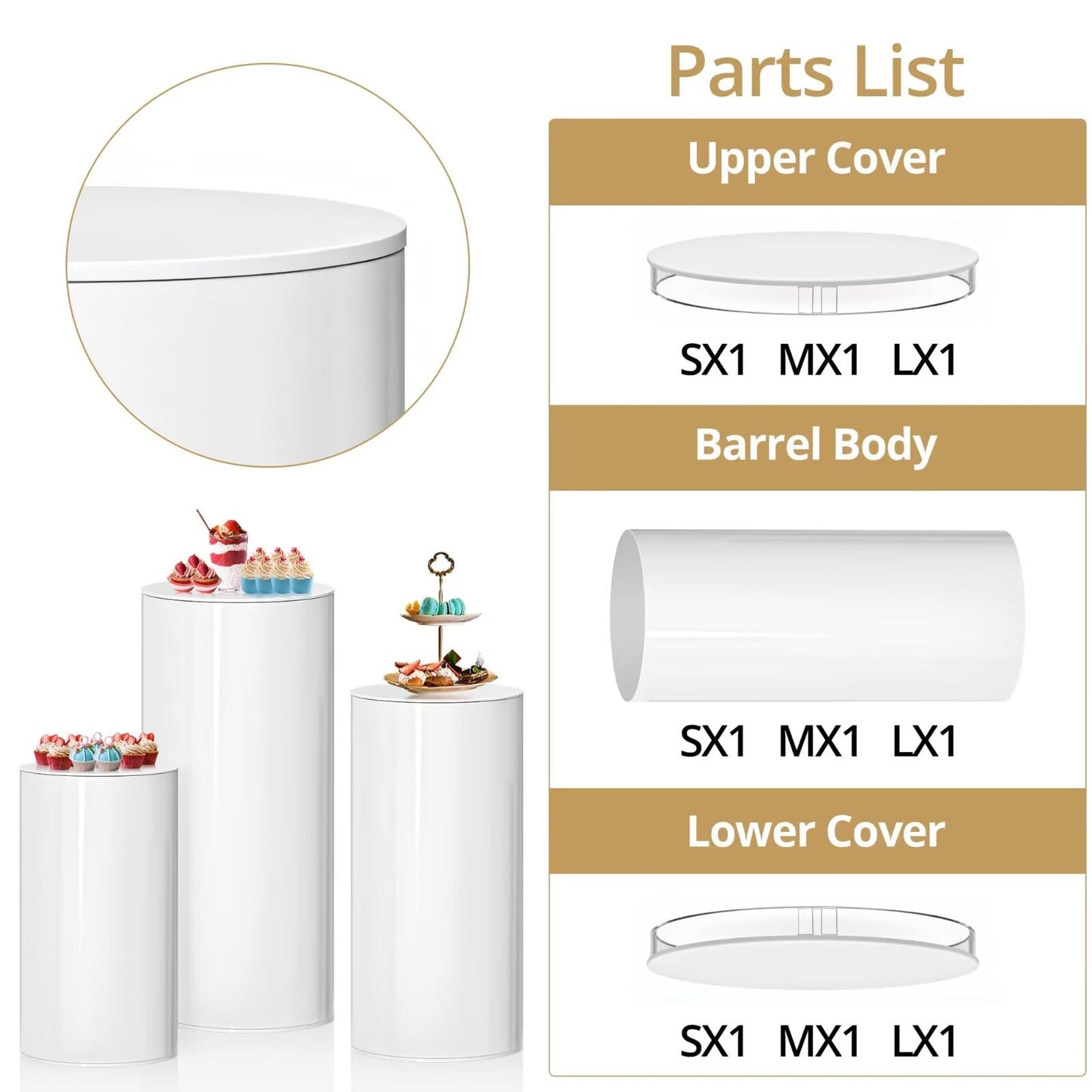 DOOMOOK 3Pcs White Cylinder Pedestal Stands, Thickened PVC Round Pedestal Display Plinth Pillars for Wedding Birthday Babyshower Decoration Art Decor