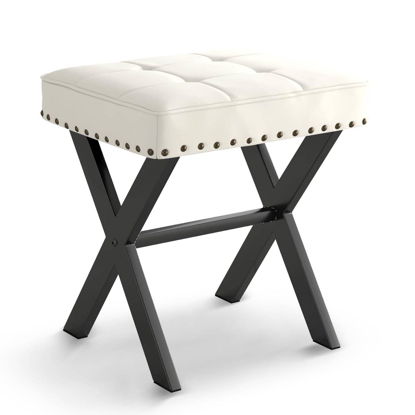 LUE BONA White Vanity Stool - Square Faux Leather Makeup Seat With Metal X Legs, Small Ottoman Chair for Makeup Room, Living Room, Bathroom - Padded Foot Rest
