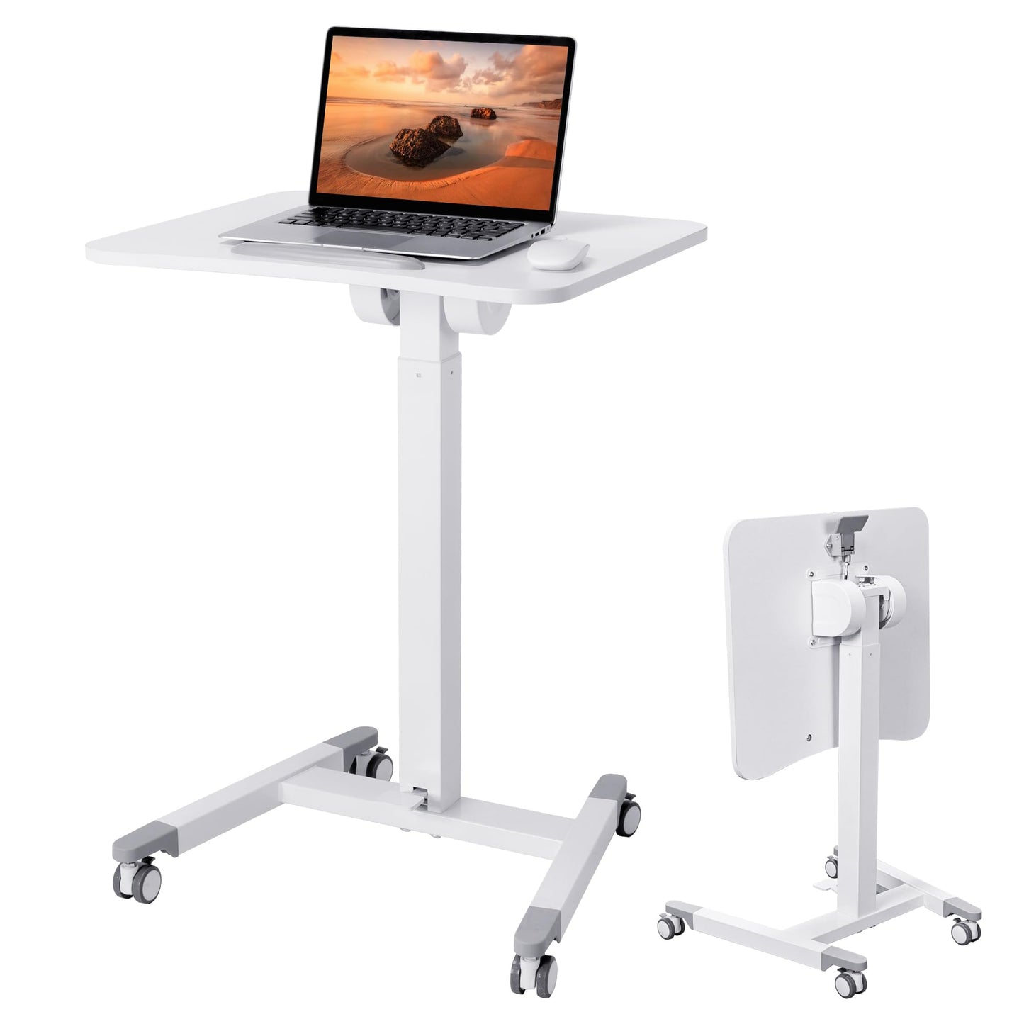 Fromann Mobile Standing Podium Desk Laptop Sit to Stand Height Adjustable Workstation with Wheels,Gas Spring Lift Mechanism Desk (White)