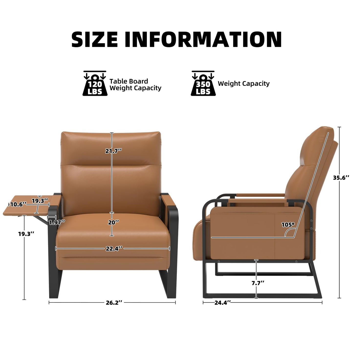 Tbillionnext Upholstered Accent Chair, Modern Faux Leather Sofa Chair with Foldable Side Tray Table & Storage Pocket, Small Accent Sofa for Living Room, Bedroom, Reception Room, Brown