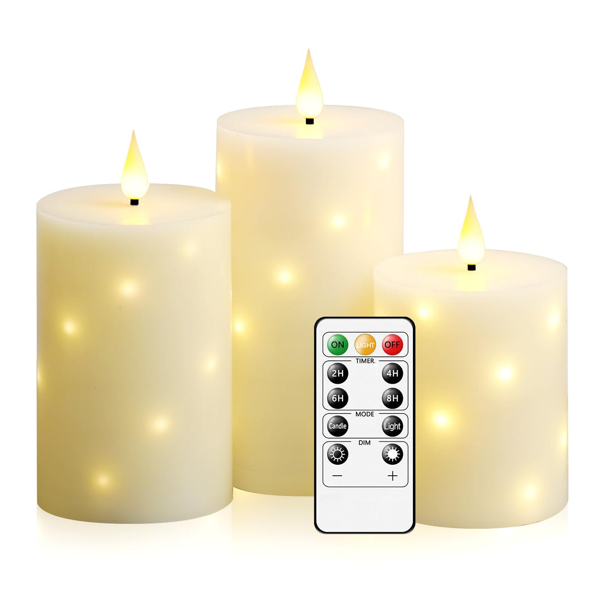JINYANIA Flameless Candles with Embedded Star String, Real Wax Battery Operated Candles with Remote Timer, Flickering Pillar LED Candle Set for Home Decor Romantic Ambiance （Ivory）