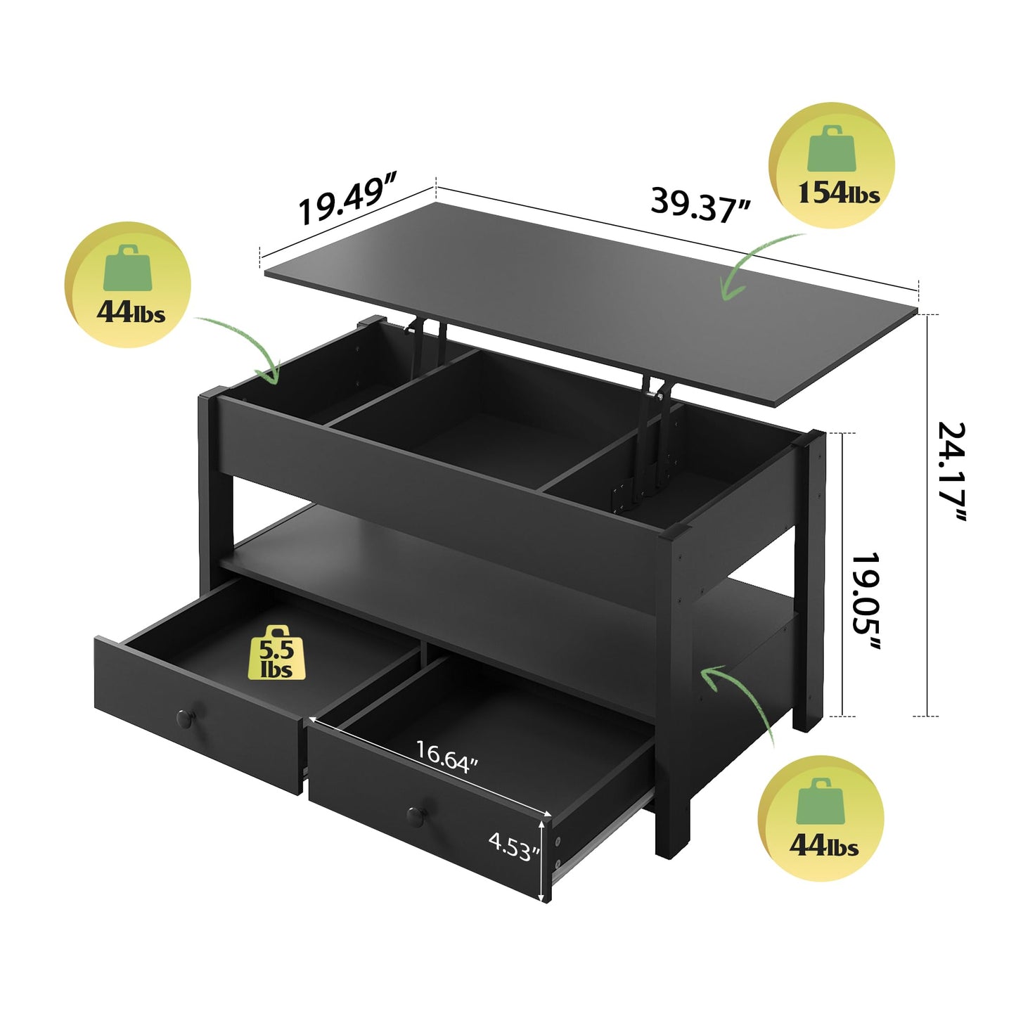 WLIVE Coffee Table, Lift Top Coffee Table with 2 Drawers, Large Hidden Compartment and Open Storage Shelf, Lift Tabletop, Dining Table for Living Room, Black