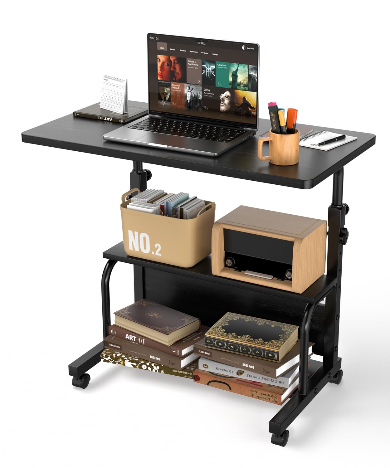QZMDSM Portable Rolling Desk on Wheels Adjustable Height Desks for Small Spaces, 32" Computer Desk Drafting Tables with Storage Shelves for Home Office Black