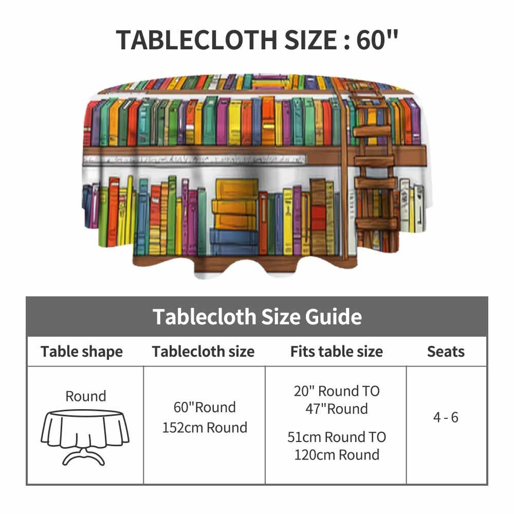 AnBuPan Bookshelf with So Many Books Round Tablecloths 60 Inch Library Bookshelves Books and Ladder Clear Table Cover Protector Fitted Home Kitchen Dinner Outdoor Picnic Party Decorations