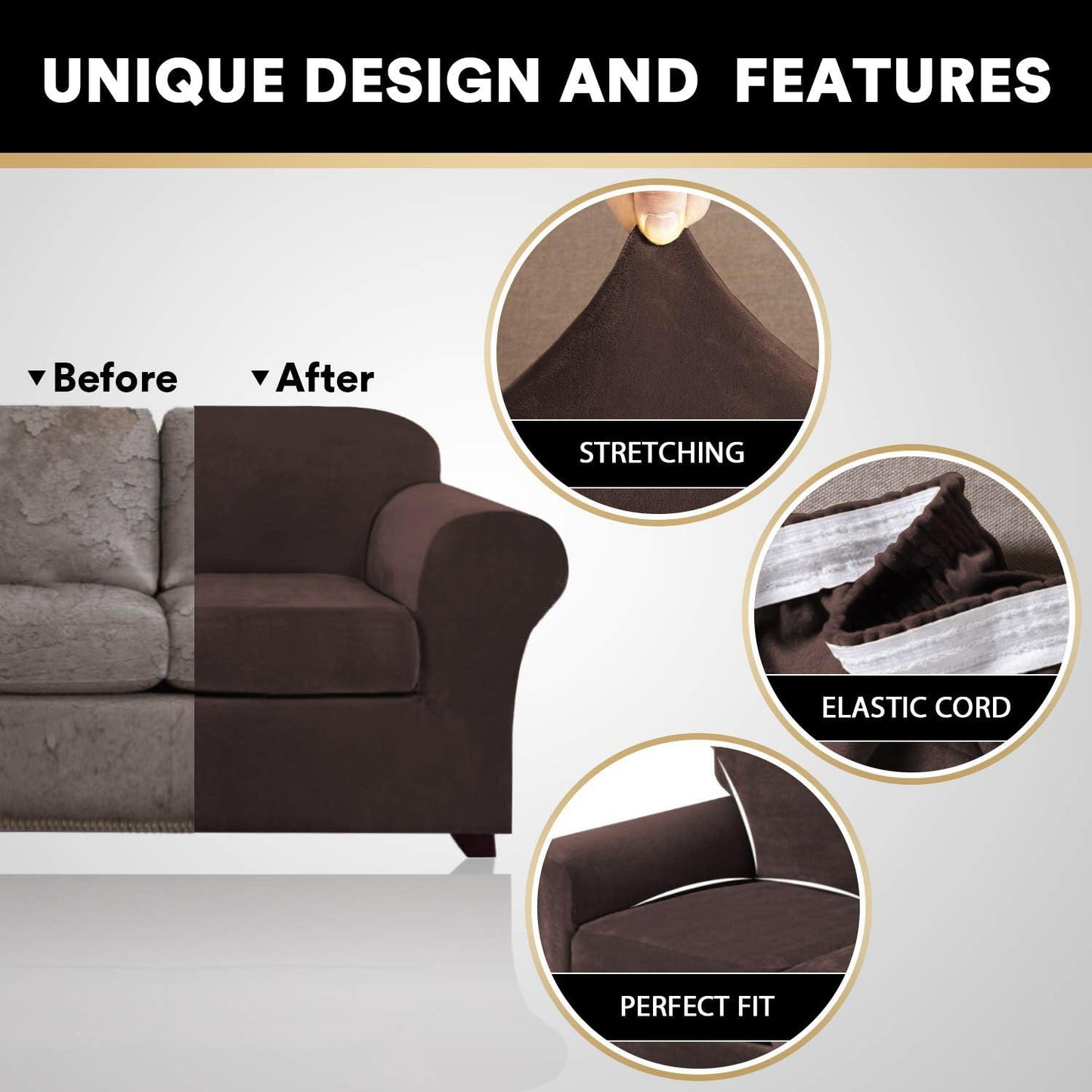 PrinceDeco Velvet Couch Cover Loveseat Covers for 2 Cushion Couch 3 Piece Sofa Covers for Dogs Washable Loveseat Covers Width Up to 72 Inch No Slip Stretch Sofa Slipcover (Medium, Brown)