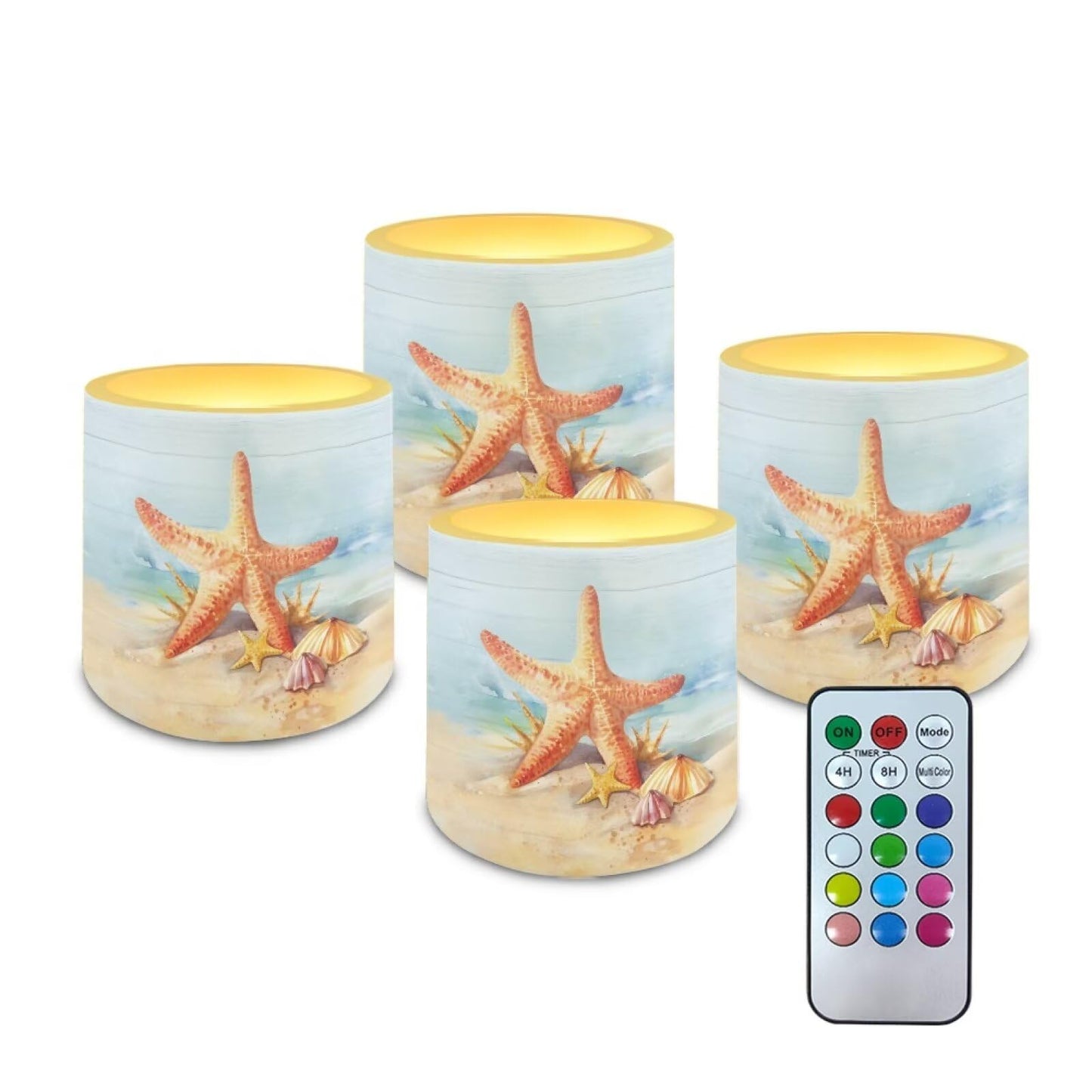 Merkmak Pack of 4 Coastal Starfish Flameless Candles with Remote Battery Operated Candles with Timer Flickering LED Elictric Pillar Tealights for Indoor Outdoor Home Table Decorations
