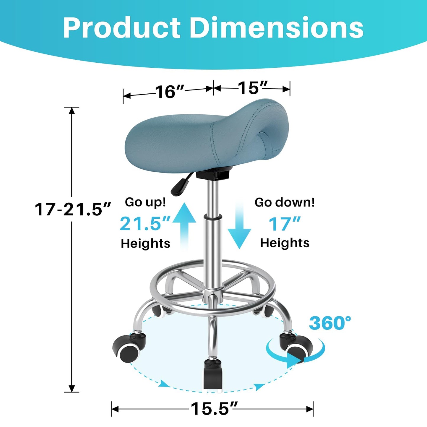 YEEZEE Saddle Stool Ergonomic- Comfortable Rolling Saddle Stool with Wide Thick Saddle Seat Padding, Swivel Adjustable Saddle Chair with Wheels and Ring Pedal for Medical Massage Salon (Blue)