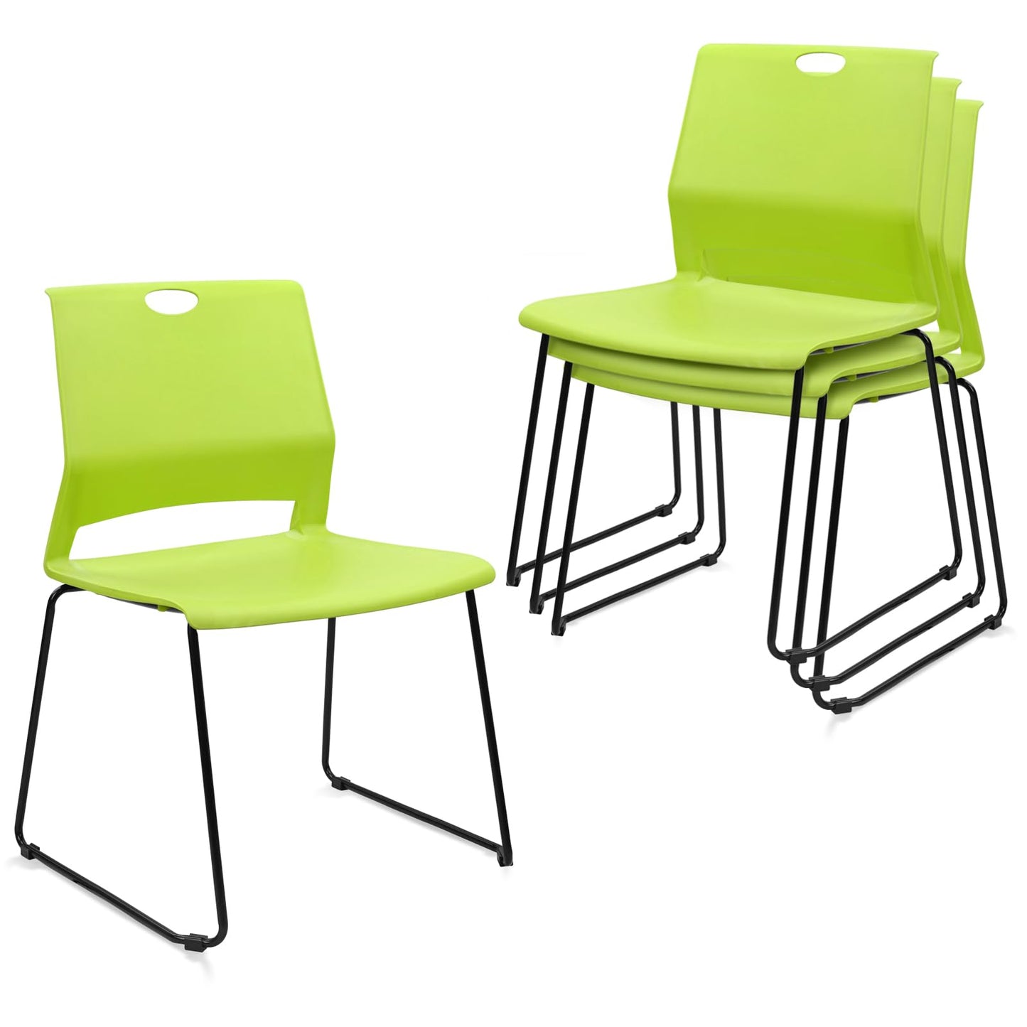 KLASIKA Stackable Guest Reception Chairs, Stacking Office Chair with Ergonomic Lumbar Support & Metal Legs, Plastic Desk Chairs for Conference School Church Waiting Meeting Break Room Set of 4, Green