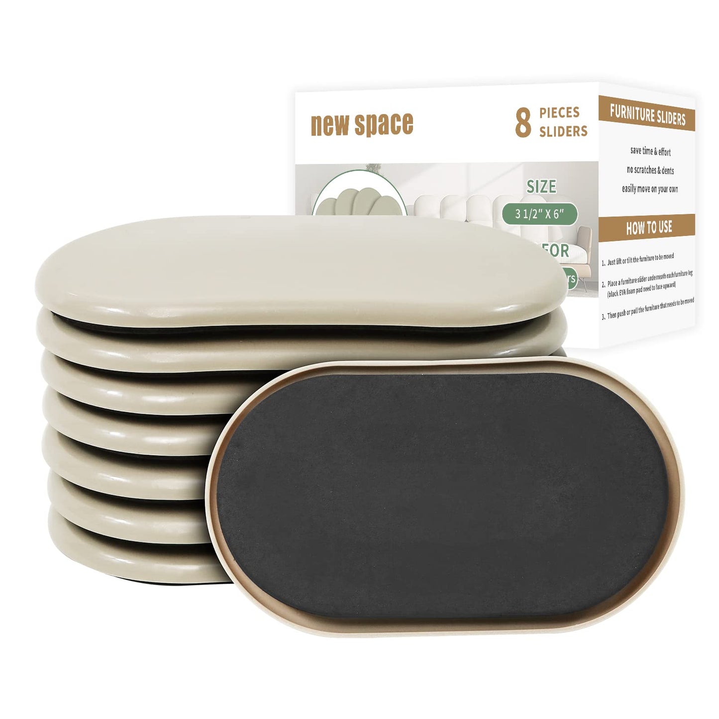 new space Oval Furniture Sliders, 8pcs 3 1/2" x 6" - Reusable Sliders for Carpet, Heavy-Duty Movers - Easily Move & Protect Furniture & Carpet