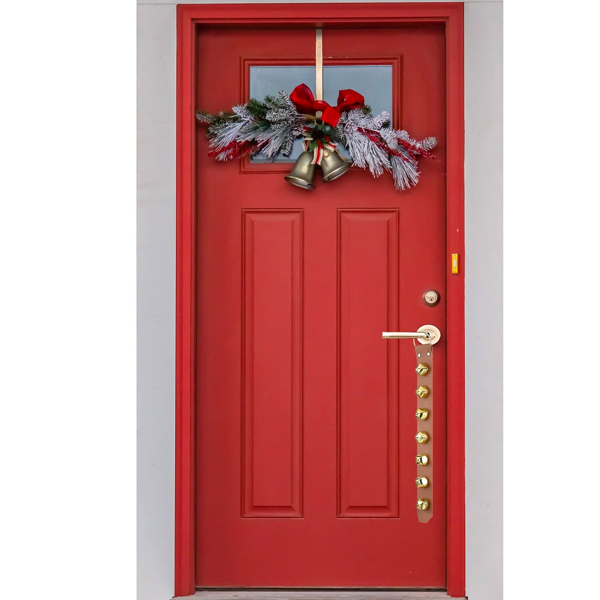 Frienda Hanging Jingle Sleigh Bells 7-Bell Dog Doorbells for Door Knob Faux Leather Belts Go Outside Dog Bells Christmas Decor and Holiday Decorations, 18.7 x 1.8 x 1 Inches(Light Brown with Gold)