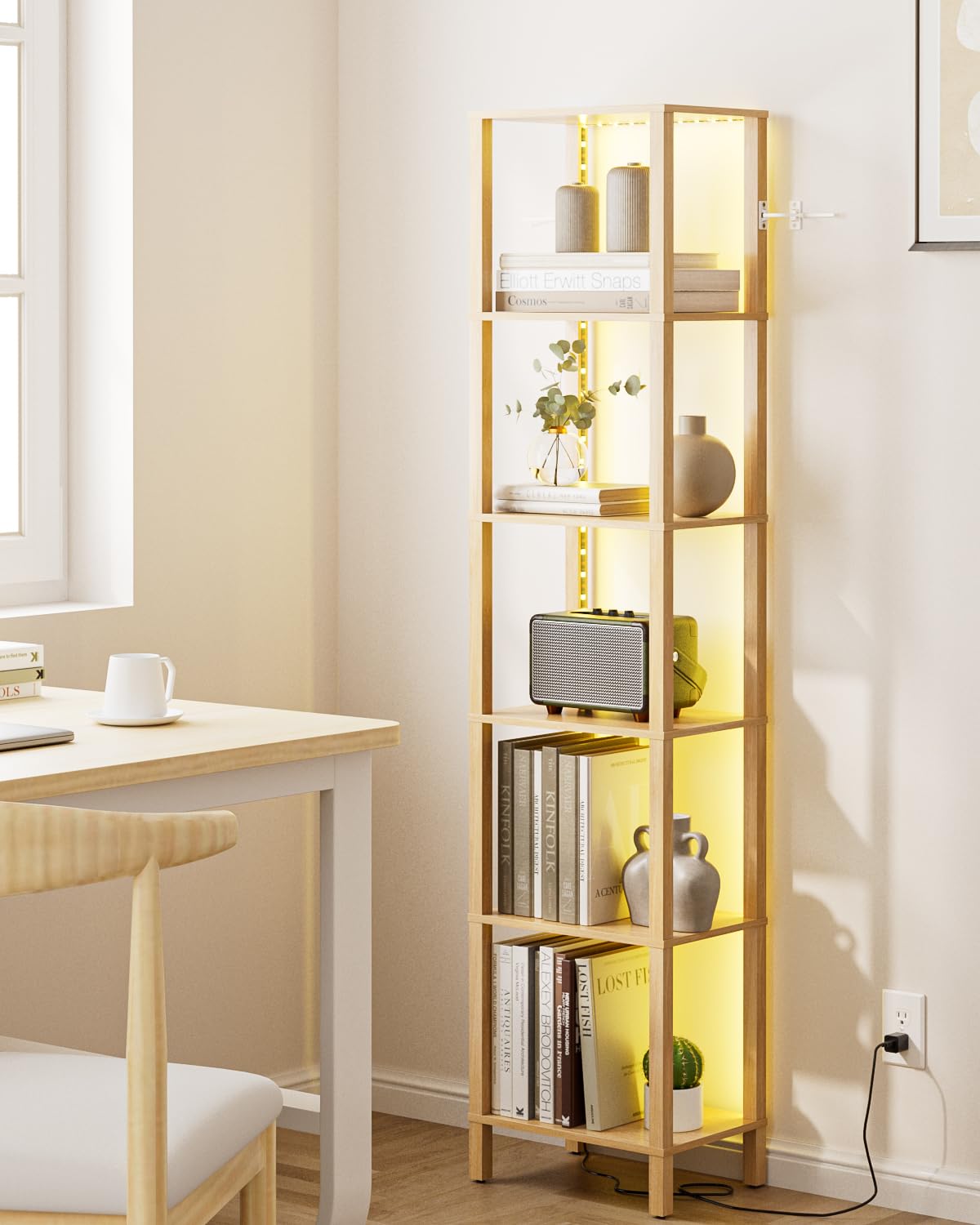 Apetaccat Open Book Shelf with LED Lights, 6 Tier Tall Bookshelf, Freestanding Shelf Narrow Bookcase with Open Shelves, 14.57" x 10.63" x 65.83", Book Shelves for Living Room, Office, Study, Oak