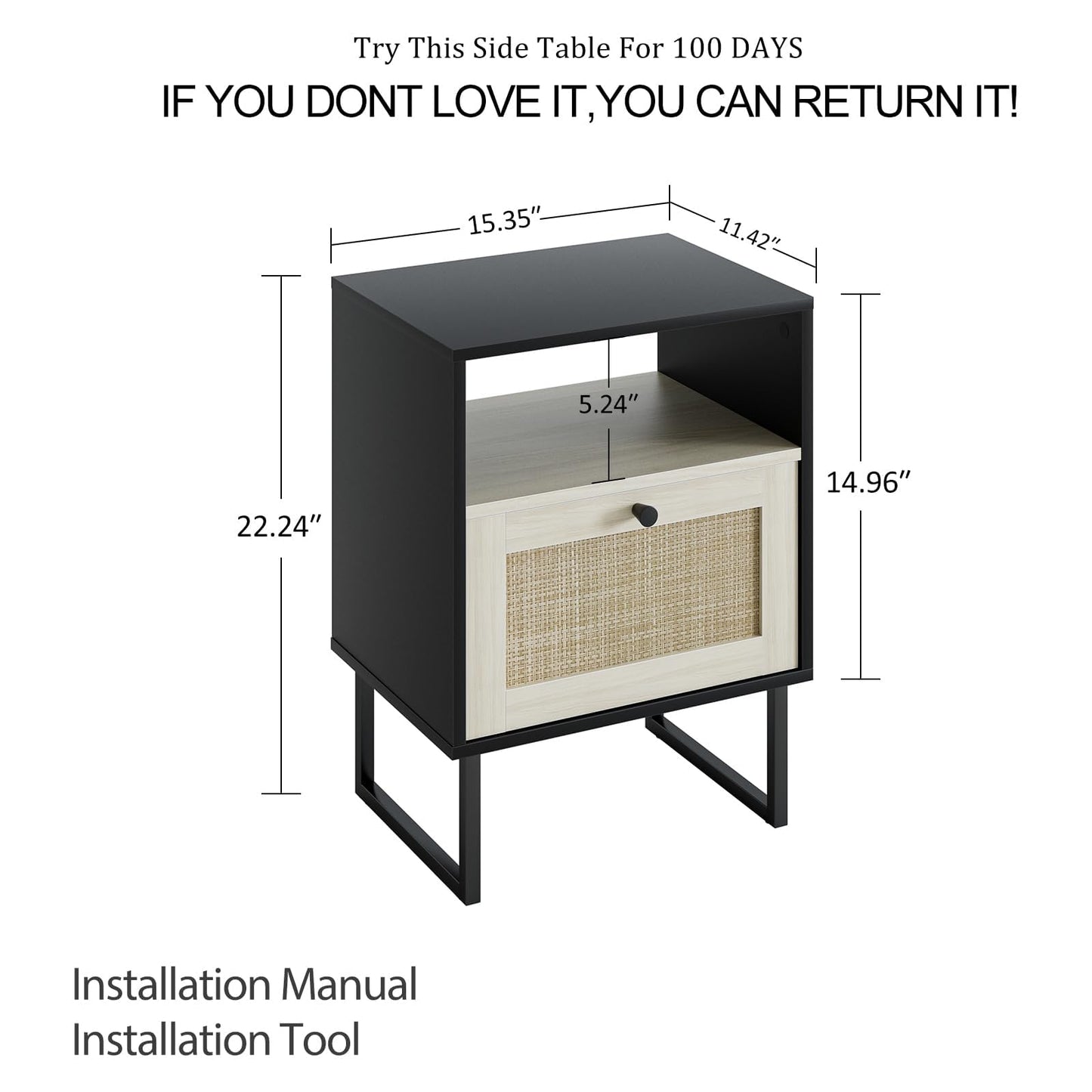 Masupu Boho Night Stand, Small Rattan Side Table, Wood Nightstand with Drawer and White Oak Shelf, Bedside Table, End Table for Bedroom,Living Room,Office (Black Frame)