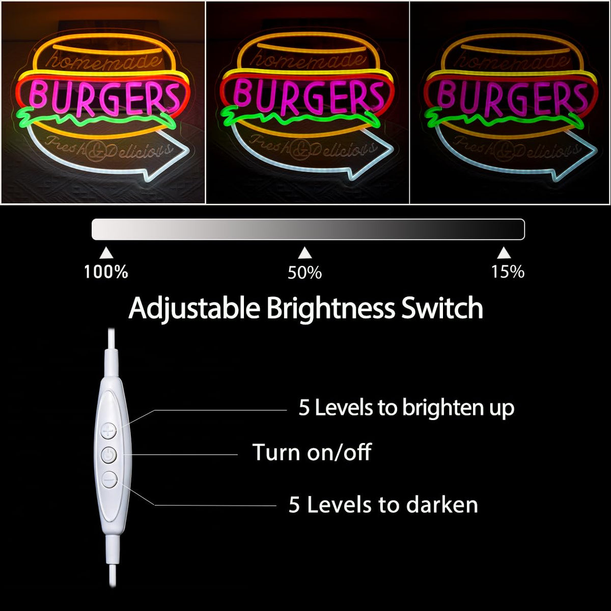 GYCLFNDDONG Burgers Neon Sign Business Hamburger Food Shop LED Neon Light for Wall Decor, USB Powered Burgers Art Signs for Kitchen Bar Restaurant Snack Food Shop Decoration
