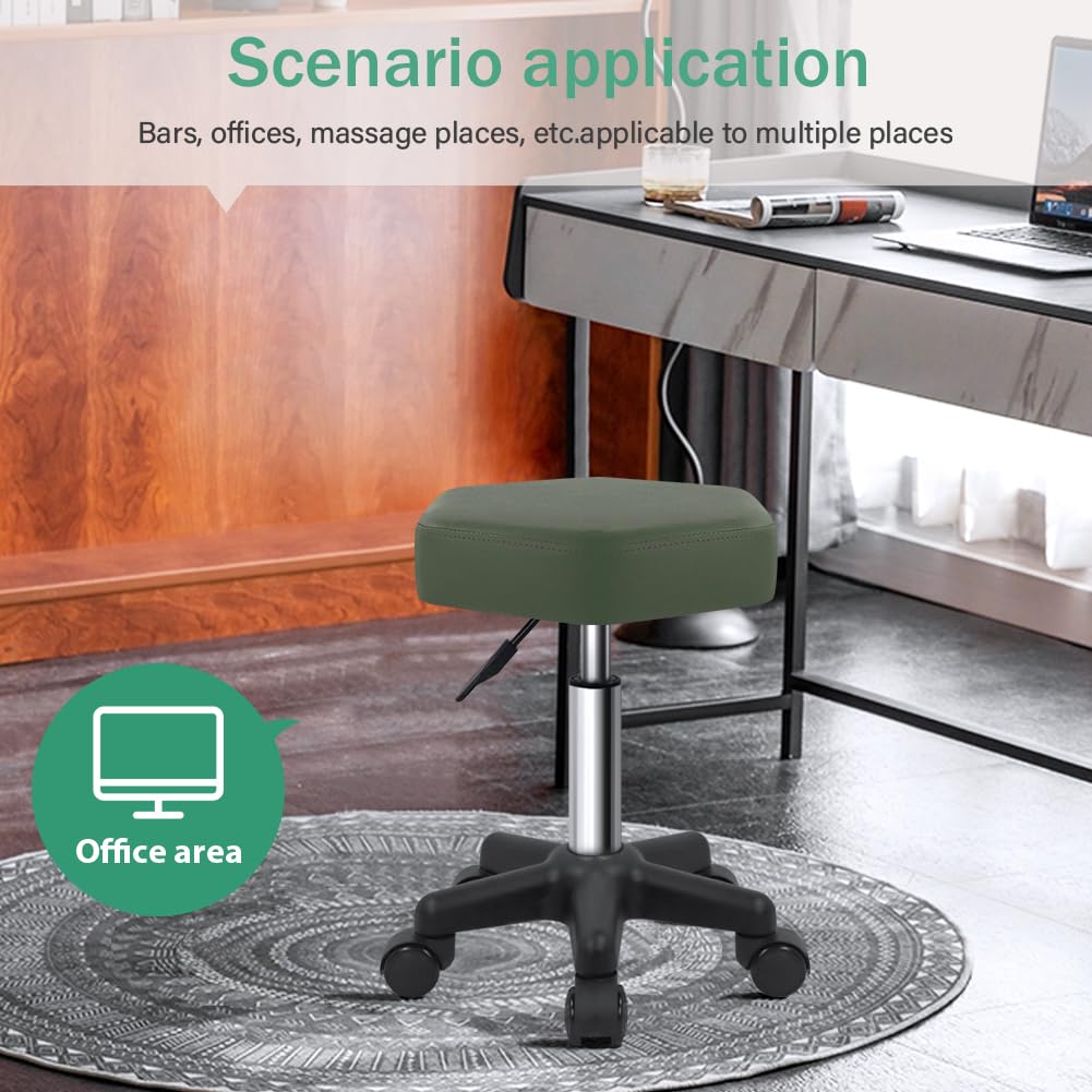 FURWOO Hexagon Rolling Stool Height Adjustable Stool with Wheels for Spa Salon Massage Green