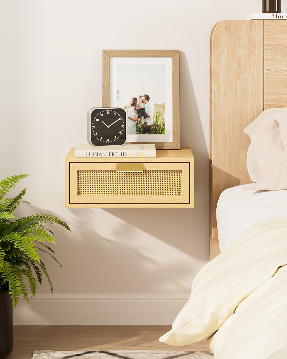 Aienvey Floating Nightstand, Floating Shelf with Drawer, Wall Mounted Nightstand, Floating Bedside Table (Oak Rattan)