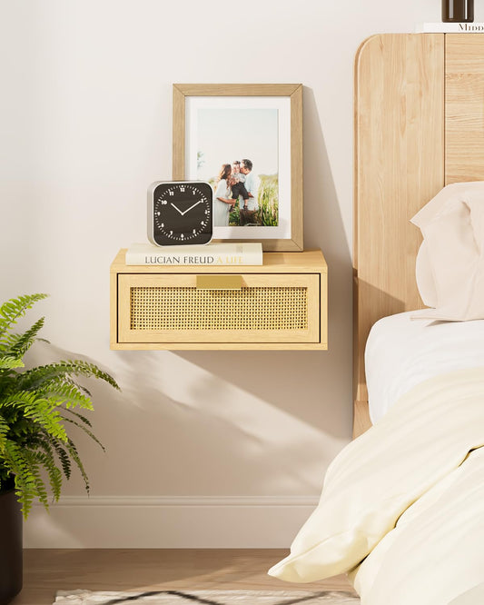 Aienvey Floating Nightstand, Floating Shelf with Drawer, Wall Mounted Nightstand, Floating Bedside Table (Oak Rattan)
