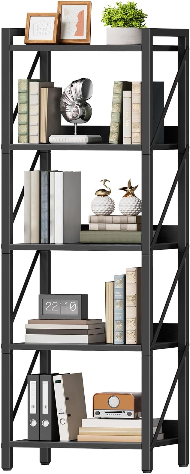HOOBRO Bookshelf, 5-Tier Industrial Bookcase, Book Shelf Storage Organizer