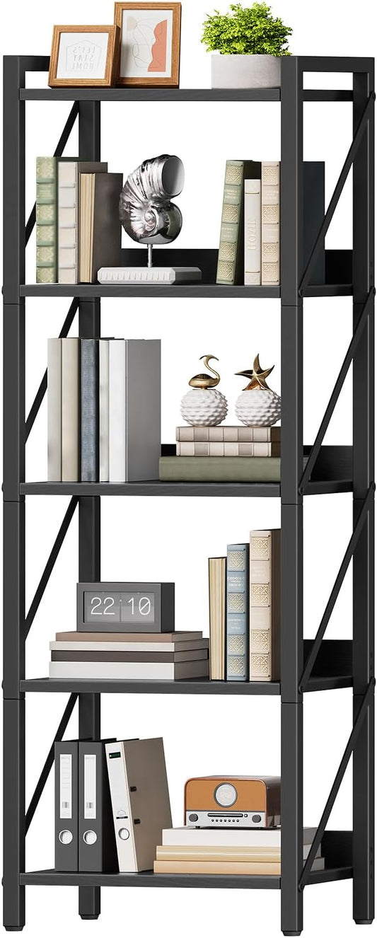HOOBRO Bookshelf, 5-Tier Industrial Bookcase, Book Shelf Storage Organizer