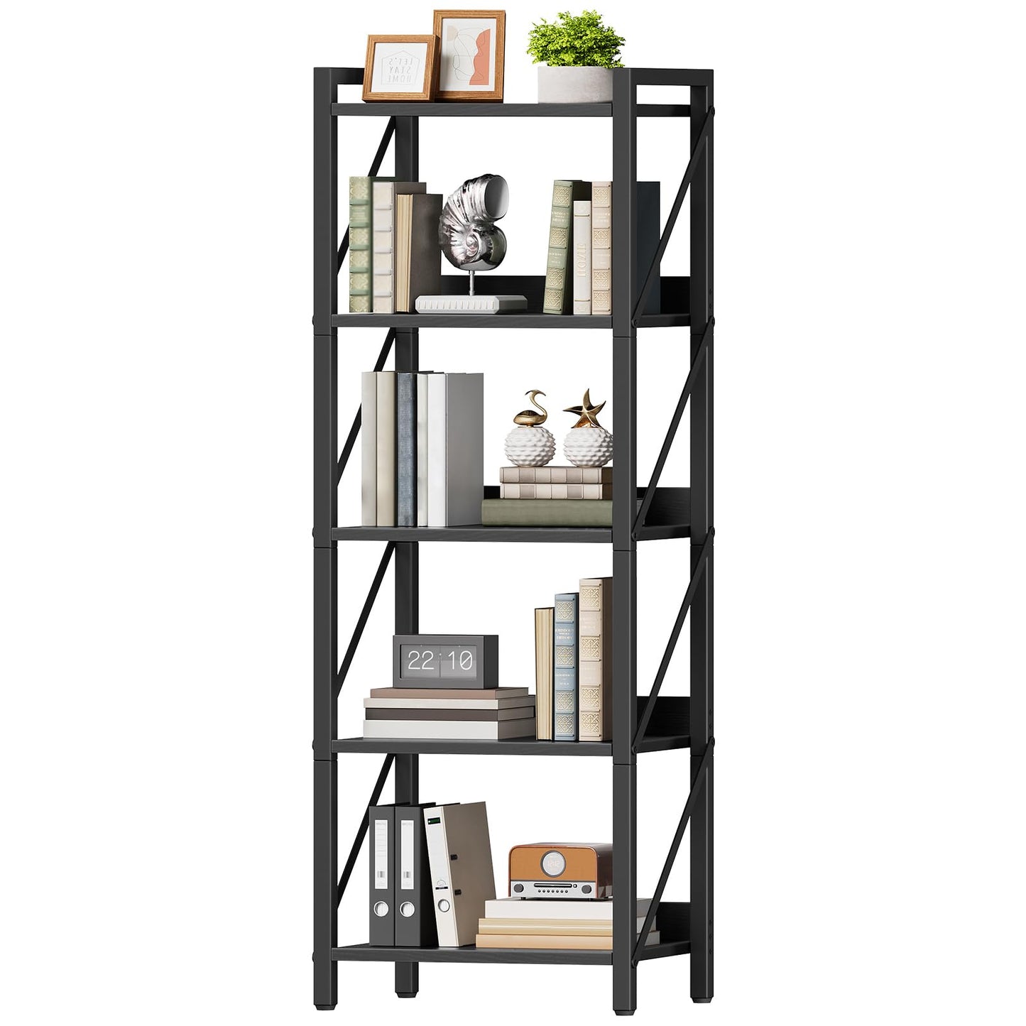 HOOBRO Bookshelf, 5-Tier Industrial Bookcase, Book Shelf Storage Organizer, Tall Bookshelf with Metal Frame for Living Room, Bedroom, Home Office, Kitchen, Black BB73SJ01