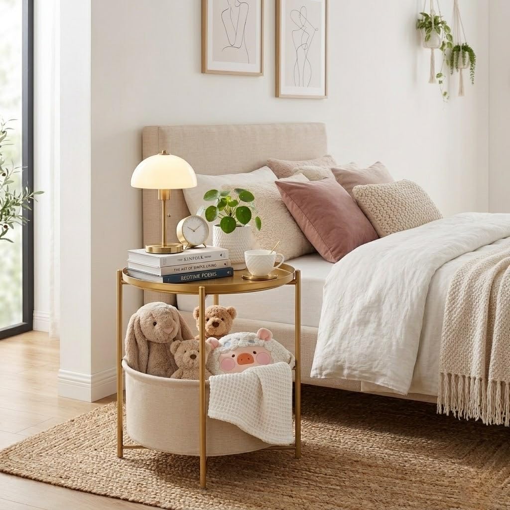 danpinera Gold Side Table with Fabric Storage Basket, Metal Round Side Small Bedside Table Nightstand with Removable Tray for Living Room, Bedroom, Outdoor Table for Patio, Nursery, Bathroom, Gold