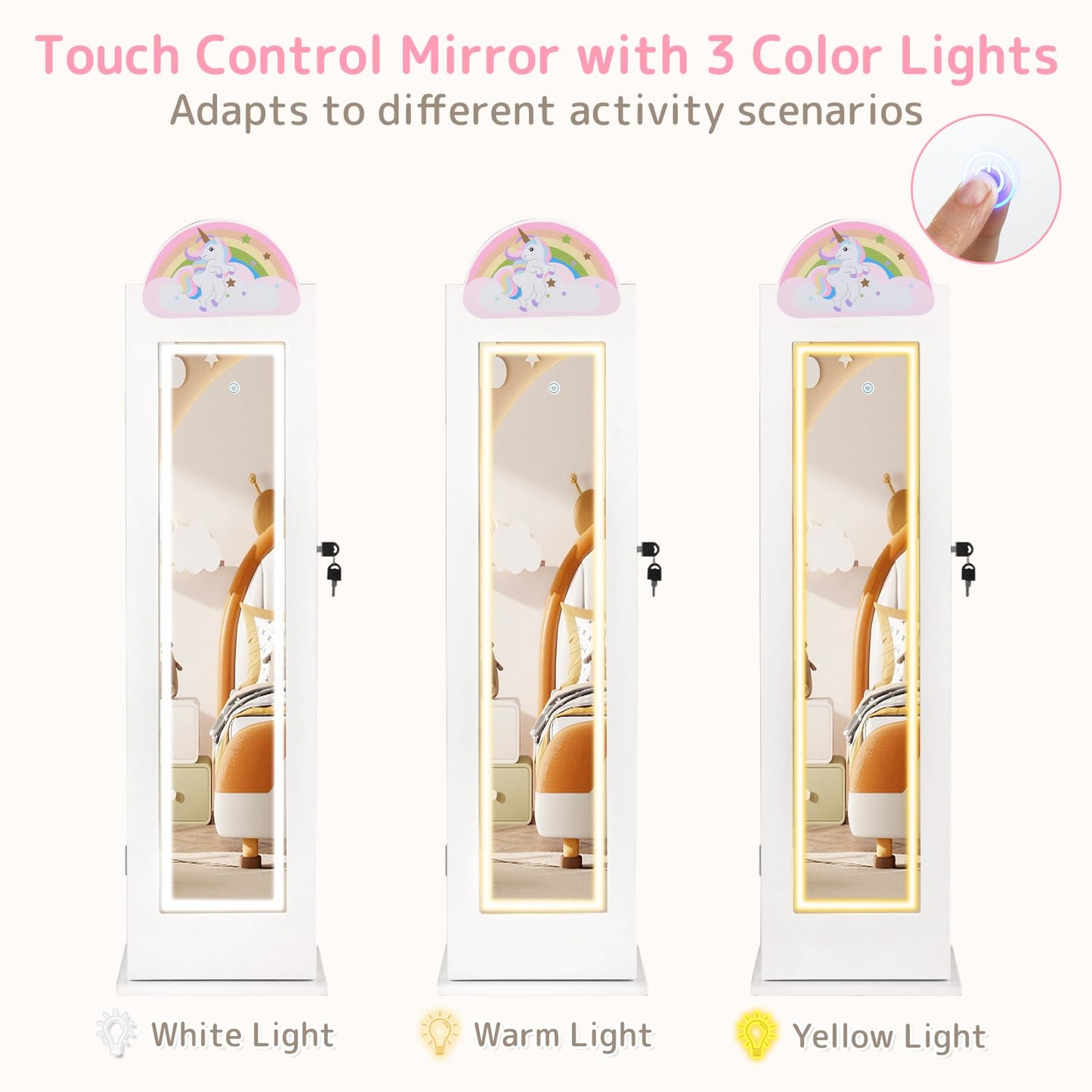 INFANS Kids Jewelry Armoire Cabinet with LED Lights, Lockable Standing Organizer with Full-length Mirror, Unicorn Theme Children Vanity Dress Up Storage Rack for Girls