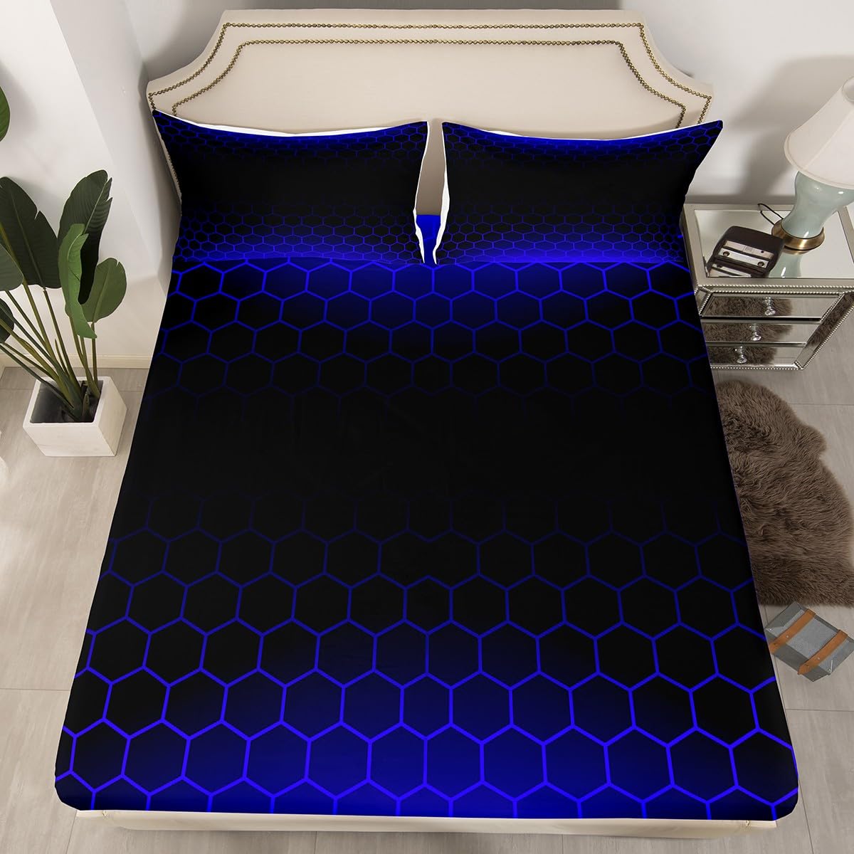 Blue Black Ombre Honeycomb Fitted Sheet Full Size, Geometrics Hexagon Bedding Set Abstract Blue and Black Bed Sheet Set for Kids Toddler Beehive Hexagon Bed Cover 3Pcs (No TOP Sheet)