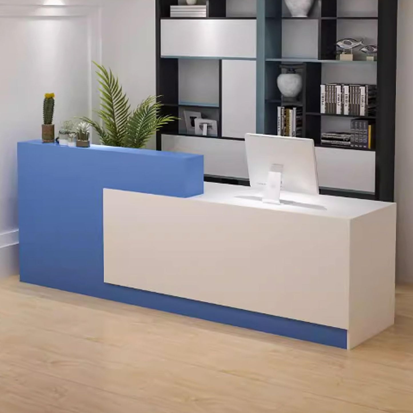 Modern Blue & White Reception Desk, 1.4m Office Counter for Salons & Retail, Engineered Wood Front Desk, Stylish Receptionist Furniture, Customer Service Counter
