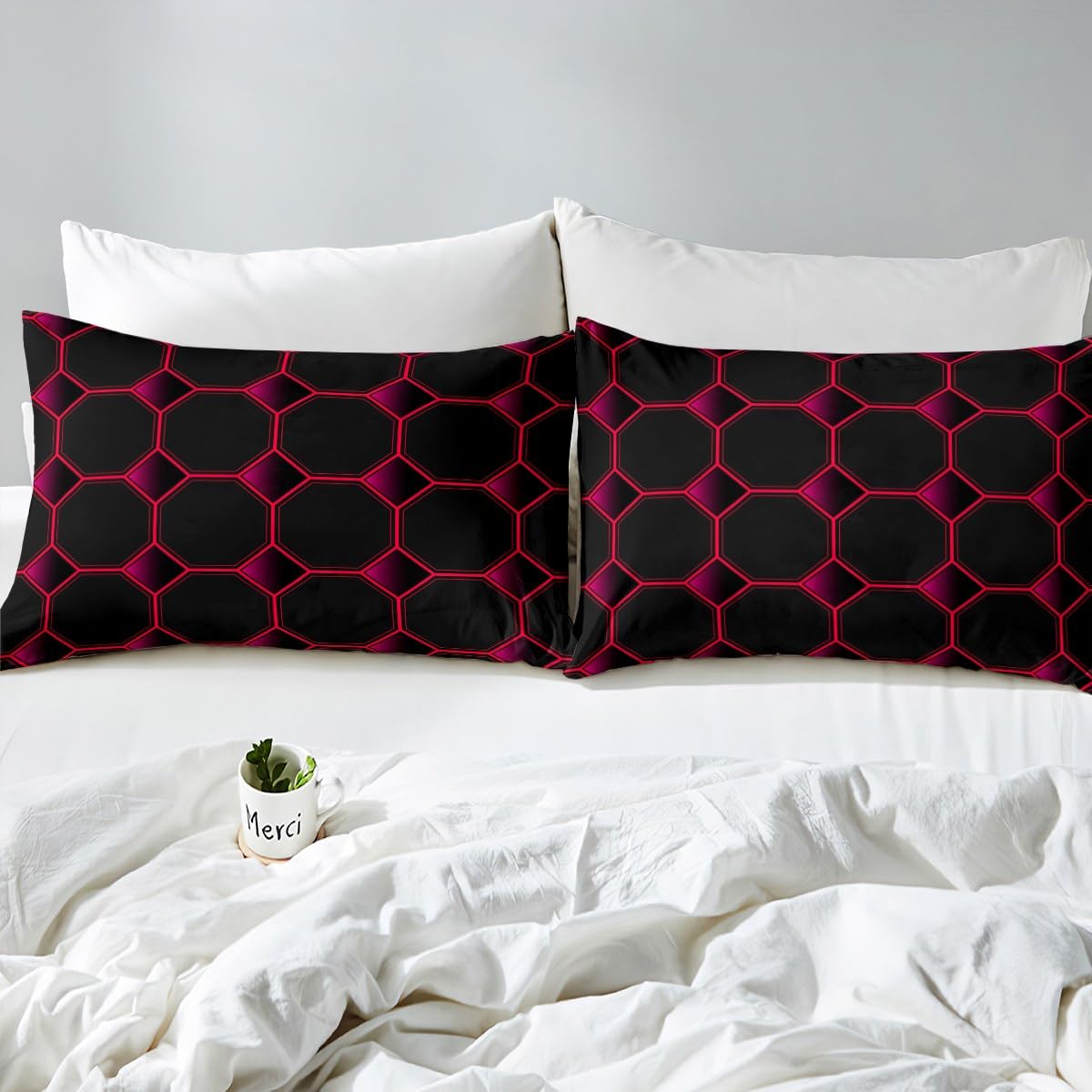 Honeycomb Bed Sheets Set Queen Size Geometric Hexagonal Beehive Sheet Set for Boys,3D Stereoscopic Red Hexagon Sheets,Neon Simplistic Geometrical Black Room Decor