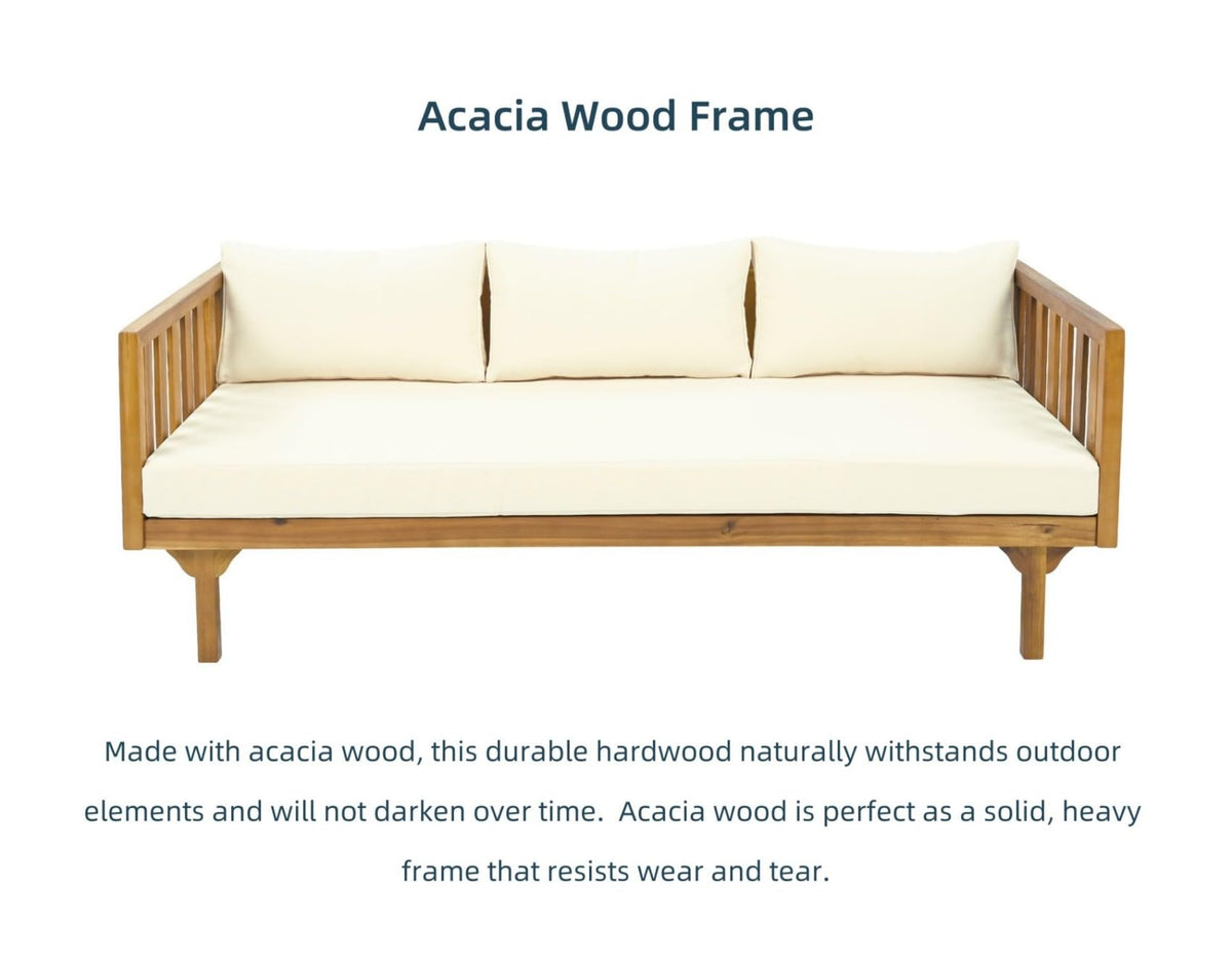 Merax Solid Acacia Wood Couch Chaise Lounge Chair Indoor, 3 Seater Daybed Sofa Couches with Cushions & Pillow, Heavy Frame Day Bed for Living Room, Office, Outdoor, Balcony, Patio, Water Resistant