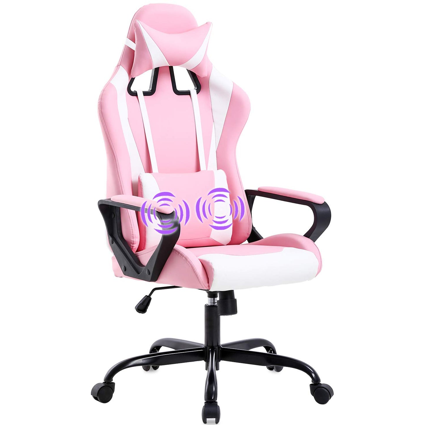 Ergonomic High-Back PU Leather Executive Office Gaming Chair with Massage Function, Adjustable Reclining Design, Lumbar Support, Headrest Pillow, Armrests Modern Racing Style Desk Chair (Pink)