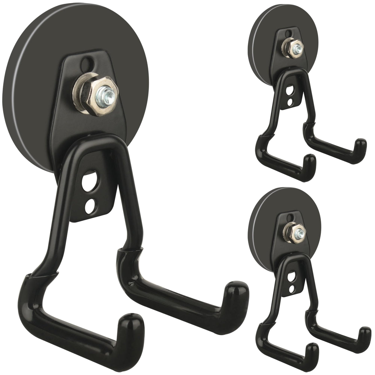 ULIBERMAGNET New Upgraded Large Magnetic Hooks,Strong Heavy Duty Magnet Hooks for Power Drill,Broom,Garden Tools, Pegboard, Garage, Workshop,Hardware, 3 Pack Magnet Storage Holder for Hanging(Black)