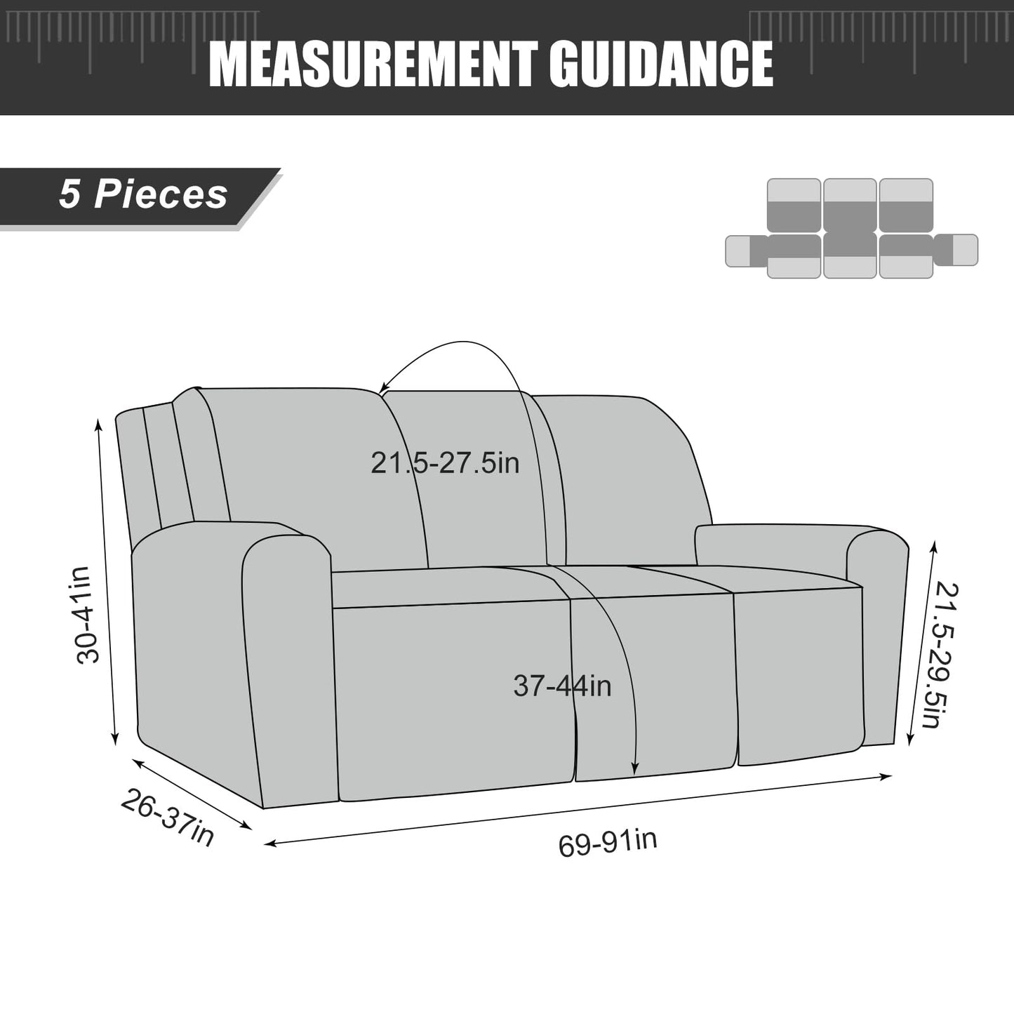 YUEANG Recliner Sofa Covers Sectional Couch Cover for Reclining Couch 3 Seat, 5-Pieces 3 Cushion Sofa Stretch Recliner Sofa Slipcover, Soft Jacquard Furniture Dog Couch Cover Protector