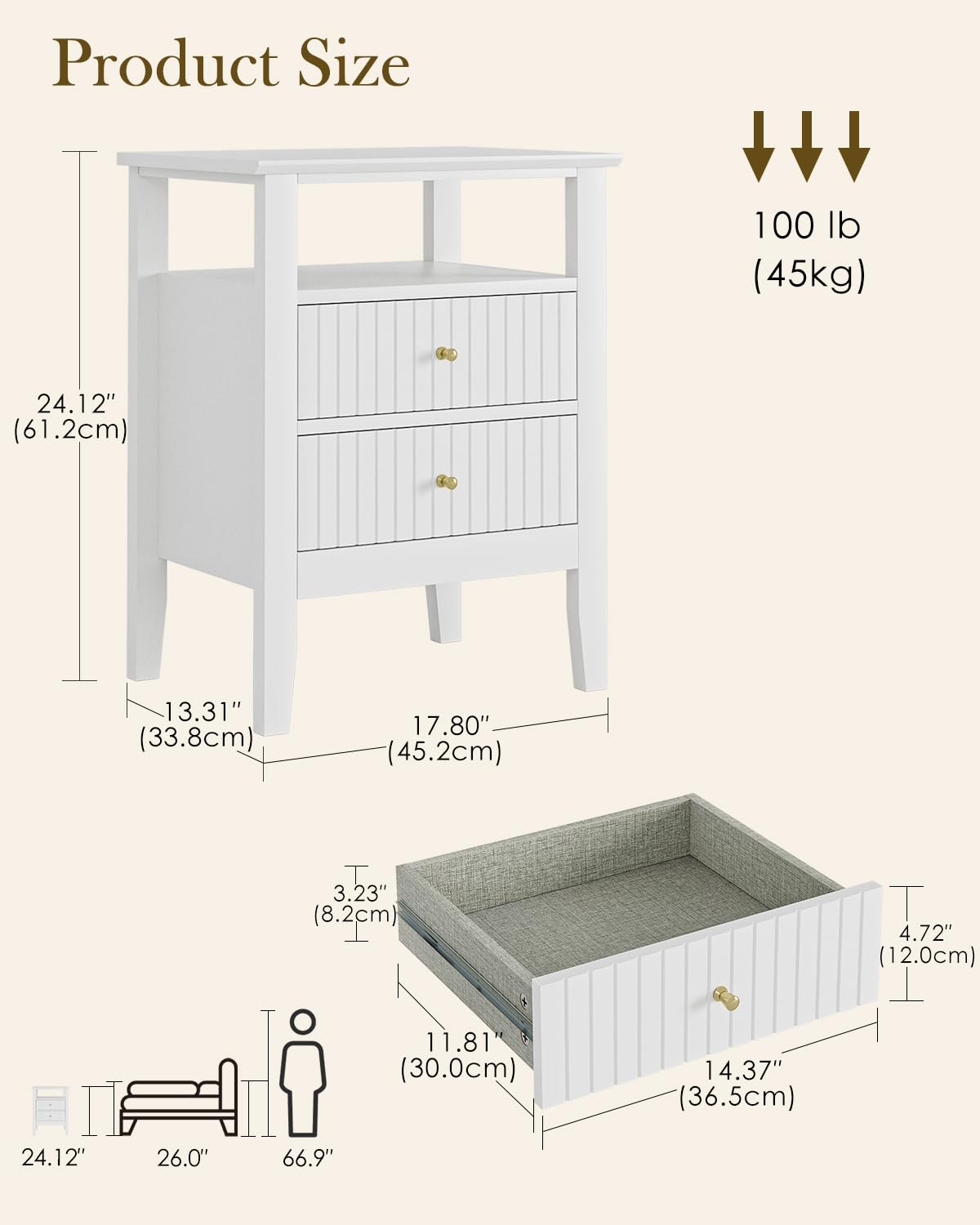 Apetaccat Fluted Nightstand, Farmhouse Night Stand with 2 Drawers, Mid Century Modern Side Accent Table,Bedside End Table for Bedroom, Living Room, White
