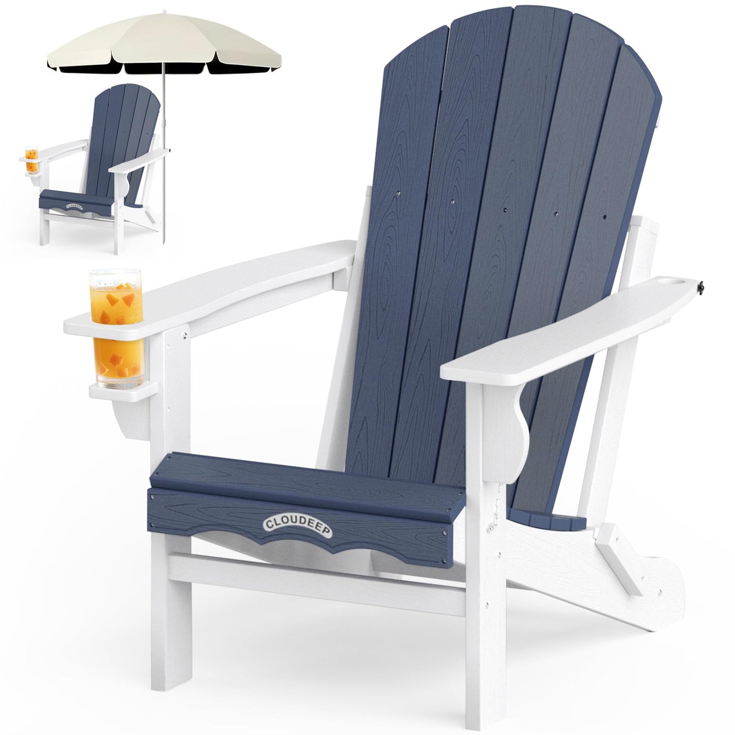 Folding Adirondack Chair –Recyclable HDPE Outdoor Adirondack Patio Chair with Cup Holder, Wood Texture & Umbrella Hole, 25-Year Fade-Free All Weather for Fire Pit, Porch, Poolside, Deck, Blue & White